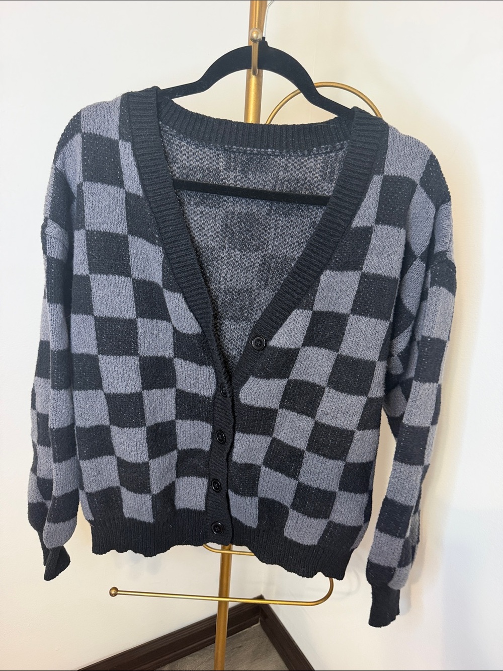Women's Checkerboard Button Cardigan Sweater - Gray & Black